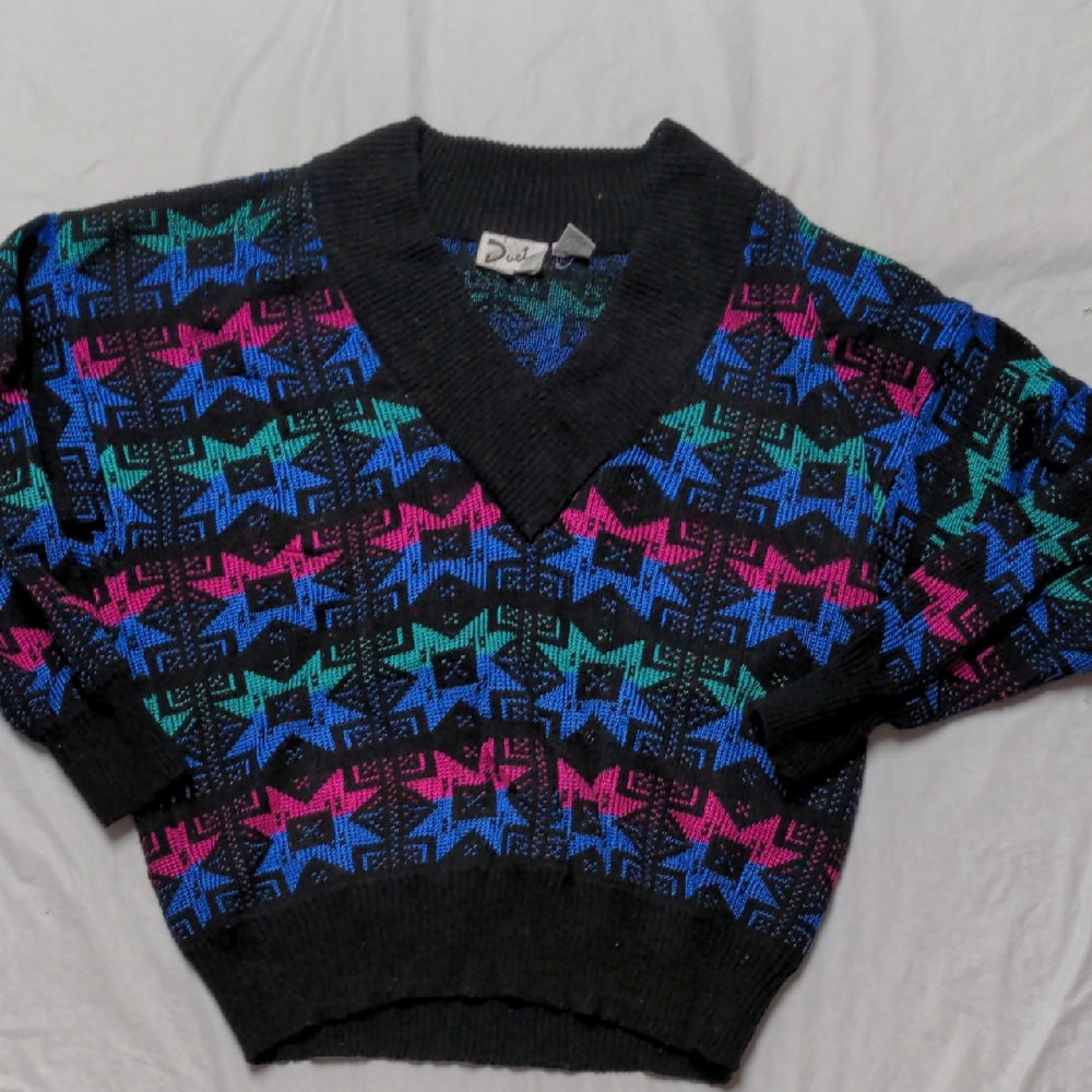 Vintage 90s Colorful Abstract Print V Neck Sweater Size L Grannycore